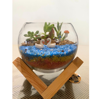 GL136 - Glass Bowl Terrarium with Lake Theme  (with wooden stand)